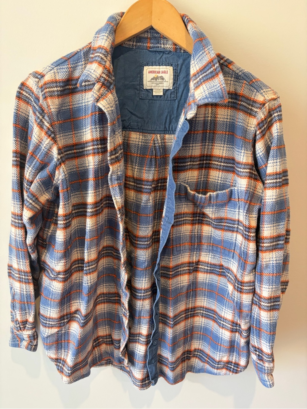 American Eagle Blue & Orange Plaid Flannel Shirt small